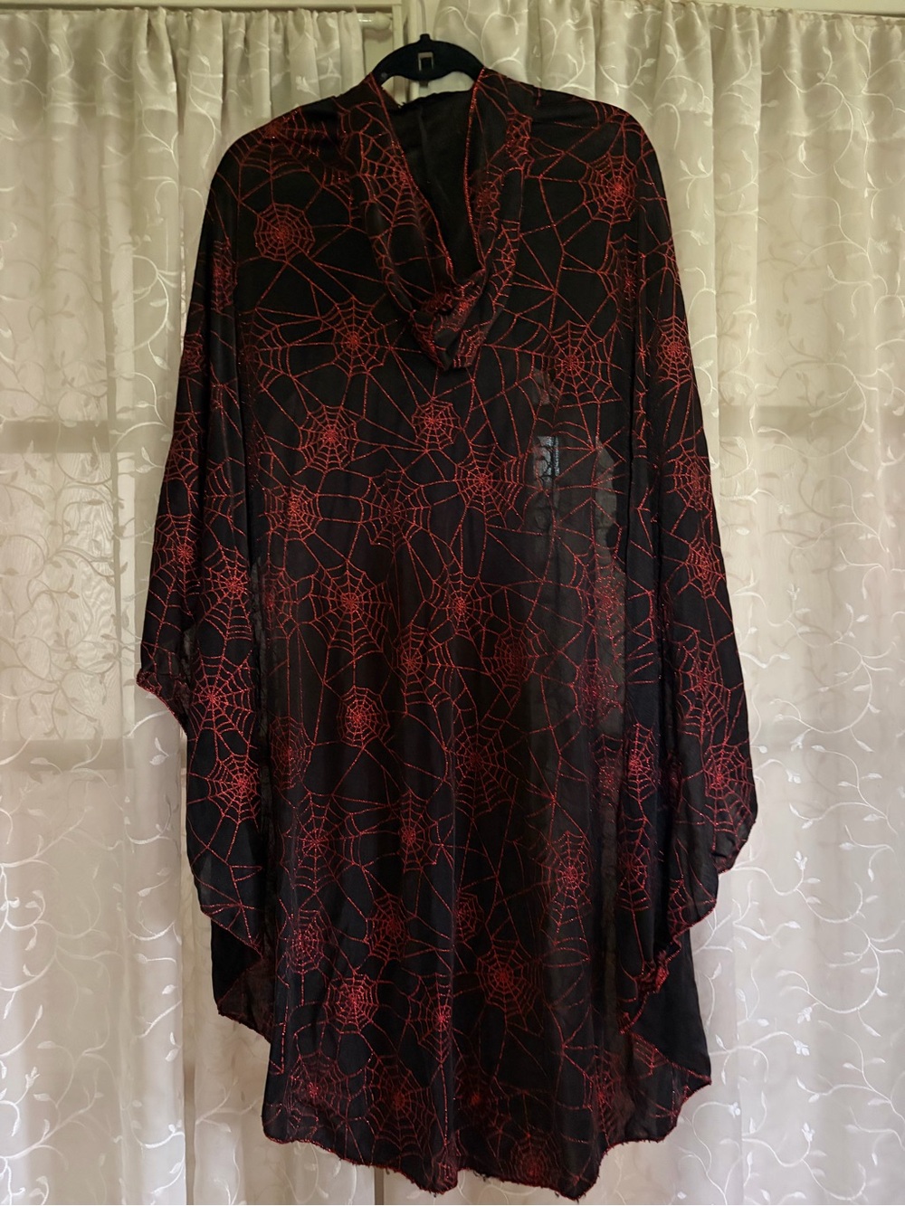 Halloween Black and Red Spiderweb Sheer hooded cape.